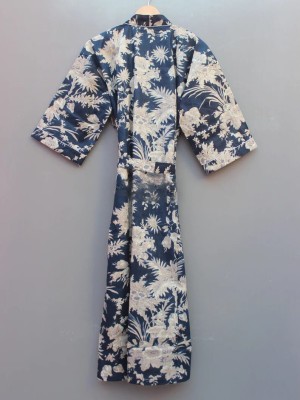 Navy Blue Floral Printed Cotton Kimono Indian Boho Robe Summer Dress Beach Coverup