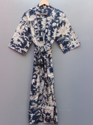 Navy Blue Floral Printed Cotton Kimono Indian Boho Robe Summer Dress Beach Coverup