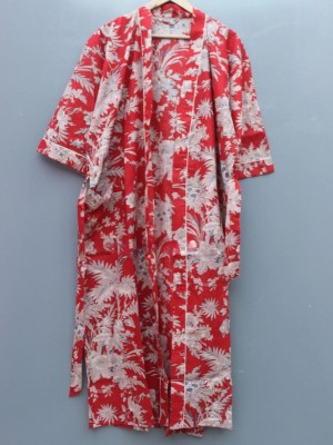 Red Floral Printed Cotton Kimono Indian Boho Robe Summer Dress Beach Coverup