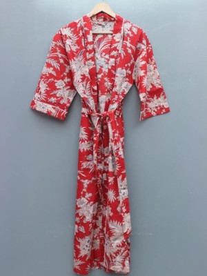 Red Floral Printed Cotton Kimono Indian Boho Robe Summer Dress Beach Coverup