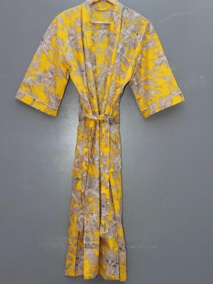 Yellow Floral Printed Cotton Kimono Indian Boho Robe Summer Dress Beach Coverup