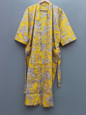 Yellow Floral Printed Cotton Kimono Indian Boho Robe Summer Dress Beach Coverup