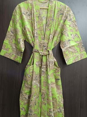 Light Green Floral Printed Cotton Kimono Indian Boho Robe Summer Dress Beach Coverup