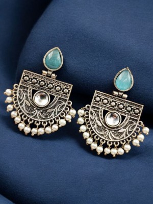 Stylish Traditional Indian Brass Stud Earring Silver Oxidised Pearl Beads Drop Ethnic Jewelry for Women