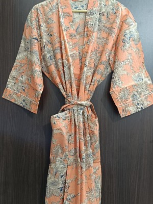 Peach Floral Printed Cotton Kimono Indian Boho Robe Summer Dress Beach Coverup