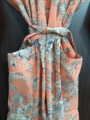 Peach Floral Printed Cotton Kimono Indian Boho Robe Summer Dress Beach Coverup