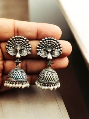 Beautyful Indian Peacock Design Jhumka Oxidized Silver Replica Ethnic Pearl Drops Dangler Earrings