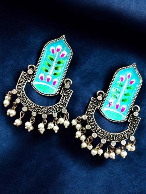 Stunning Indian Artisans Hand Painted Silver Plated Boho Dangler Earring Pearl Beads Drop