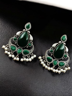 Premium Quality Ethnic Indian Brass Stud Earring Silver Oxidised Pearl Beads Drop