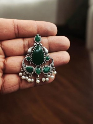 Premium Quality Ethnic Indian Brass Stud Earring Silver Oxidised Pearl Beads Drop