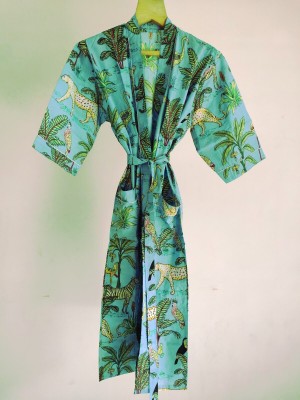 Cotton Kimono Robe Dressing Gown Animal Block Print Bridesmaid Robe Summer Nightwear One Size