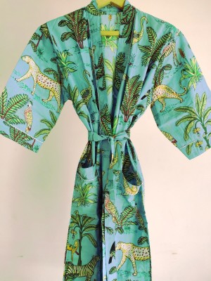 Cotton Kimono Robe Dressing Gown Animal Block Print Bridesmaid Robe Summer Nightwear One Size