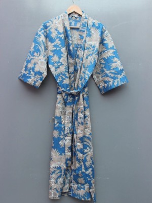 Blue Floral Printed Cotton Kimono Indian Boho Robe Summer Dress Beach Coverup