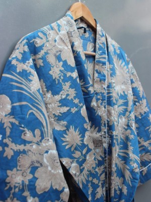 Blue Floral Printed Cotton Kimono Indian Boho Robe Summer Dress Beach Coverup