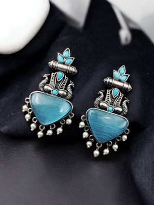 Peacock Design Traditional Indian Brass Monalisa Stone Stud Earring Silver Oxidised Pearl Beads Drop