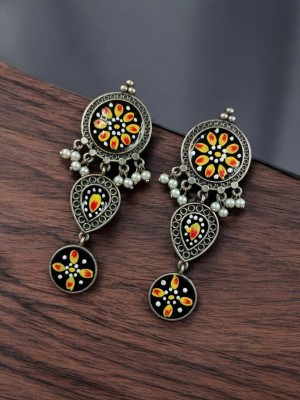 Indian Art Hand Painted Silver Dangler Earrings for Women Bohemian Design Bollywood Jewelry