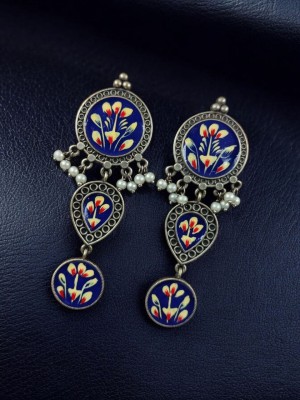 Indian Art Hand Painted Silver Dangler Earrings for Women Bohemian Design Bollywood Jewelry