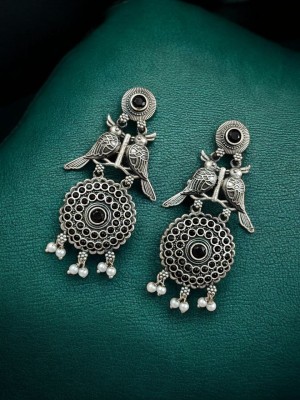 Antique Bird Design Stone Work Brass Dangler Earring Silver Oxidised Bollywood Earring Set for Women