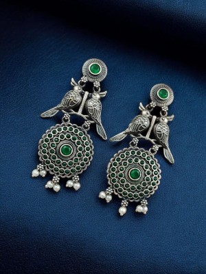 Antique Bird Design Stone Work Brass Dangler Earring Silver Oxidised Bollywood Earring Set for Women