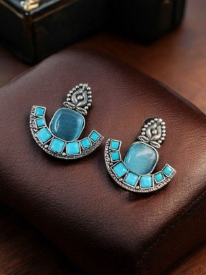 Exquisite Indian Brass Monalisa Stone Designer Stud Earring Silver Oxidised Jewellery for Women