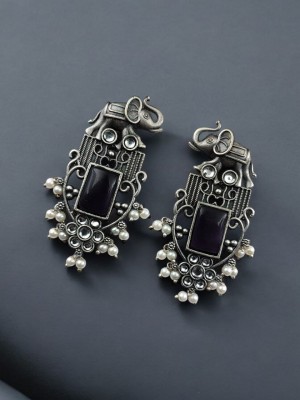 Unique Attractive Indian Elephant Brass Monalisa Stone Designer Stud Earring Silver Oxidised Jewellery