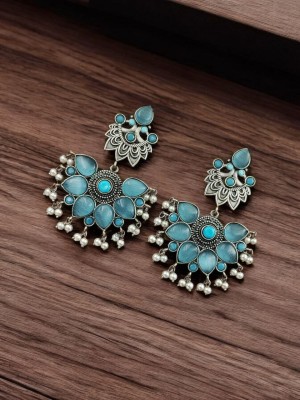 Gorgeous Chandbali Brass Monalisa Stone Designer Dangler Earring Silver Oxidised Pakistani Jewellery