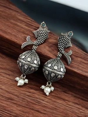 Rustic Fish Design Brass Jhumki Dangler Earring Silver Oxidised Bollywood Earring Jhumka Set