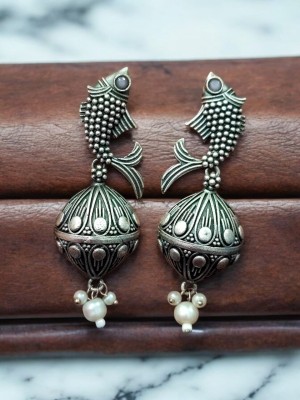 Rustic Fish Design Brass Jhumki Dangler Earring Silver Oxidised Bollywood Earring Jhumka Set