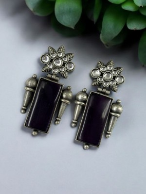 Unique Rustic Monalisa Stone Stud Designer Brass Oxidised Silver Earring for Women