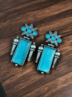 Unique Rustic Monalisa Stone Stud Designer Brass Oxidised Silver Earring for Women