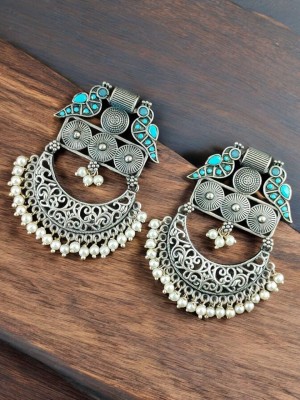 Ethnic Bird Design Traditional Indian Brass Stone Work Dangler  Stud Earring Silver Oxidised Pearl Beads Drop