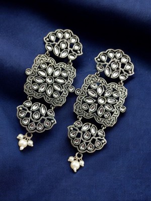 Antique Style Designer Stone Work Dangler Brass Oxidised Silver Earring for Women