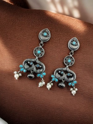 Antique Peacock Designer Brass Dangler Earring Silver Oxidised Bollywood Earring Jhumki Set