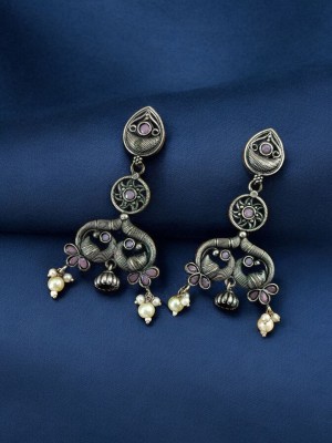 Antique Peacock Designer Brass Dangler Earring Silver Oxidised Bollywood Earring Jhumki Set