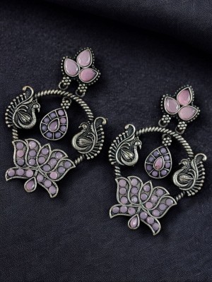 Exquisite Lotus & Peacock Designer Brass Dangler Earring Silver Oxidised Earring Set Gift for Her