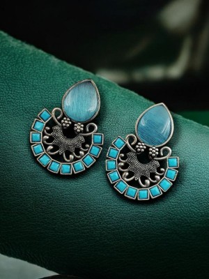 Ethnic Indian Brass Monalisa Stone Work Stud Earring Silver Oxidised Pakistani Chandbali Earring Set