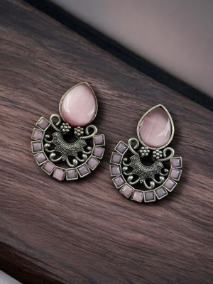 Ethnic Indian Brass Monalisa Stone Work Stud Earring Silver Oxidised Pakistani Chandbali Earring Set