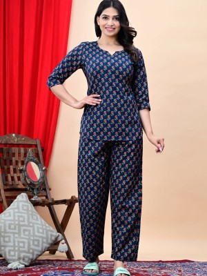 Blue Sanganeri Booty Print Lounge Wear Set Night Suit Dress PJ Pyjama Cord Set for Night for Women