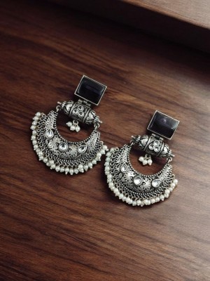 Indian Bollywood Style Monalisa Stone Work Dangler Earring Silver Oxidised Pakistani Chandbali Earring Set