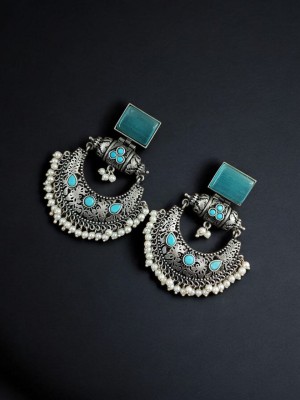 Indian Bollywood Style Monalisa Stone Work Dangler Earring Silver Oxidised Pakistani Chandbali Earring Set