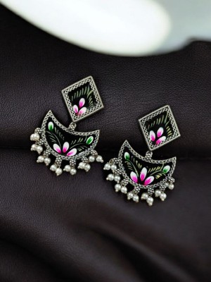 Gorgeous Unique Handcrafted Paint Work Pakistani Chandbali Earring Silver Oxidised Dangler Earring Set