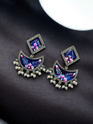 Gorgeous Unique Handcrafted Paint Work Pakistani Chandbali Earring Silver Oxidised Dangler Earring Set