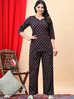 Black Sanganeri Booty Print Lounge Wear Set Night Suit Dress PJ Pyjama Cord Set for Night for Women