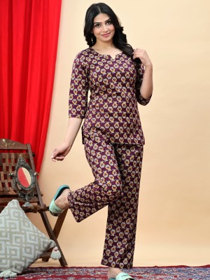 Wine Color Sanganeri Booty Print Lounge Wear Set Night Suit Dress PJ Pyjama Cord Set for Night for Women