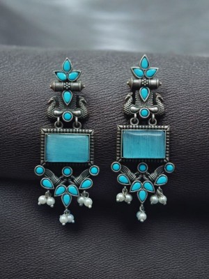 Designer Peacock Premium Quality Monalisa Stone Work Dangler Earring Silver Oxidised Earring Set