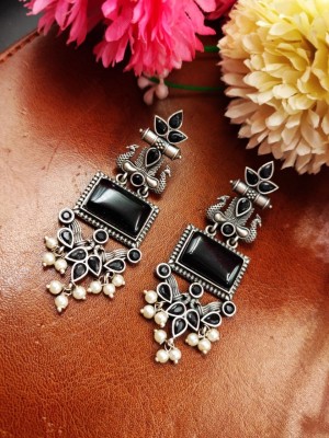 Designer Peacock Premium Quality Monalisa Stone Work Dangler Earring Silver Oxidised Earring Set