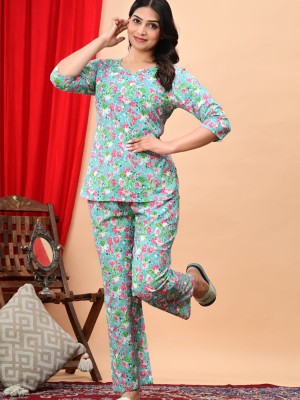 Turquoise Color Floral Print Lounge Wear Set Night Suit Dress PJ Pyjama Cord Set for Night for Women