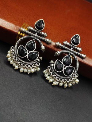 Attractive Rustic Designer Premium Quality Monalisa Stone Work Dangler Earring Silver Oxidised Earring Set