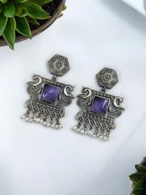 Indian Traditional Rustic Peacock Monalisa Stone Dangler Earring Silver Oxidised Pearl Beads Drop Earring Set