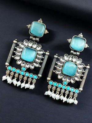 Antique Indian Ethnic Monalisa Stone Dangler Earring Silver Oxidised Pearl Beads Drop Pakistani Earring Set